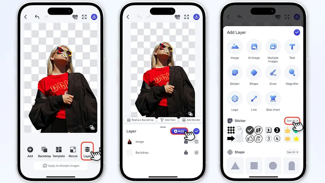 Accessing the sticker library to add layers