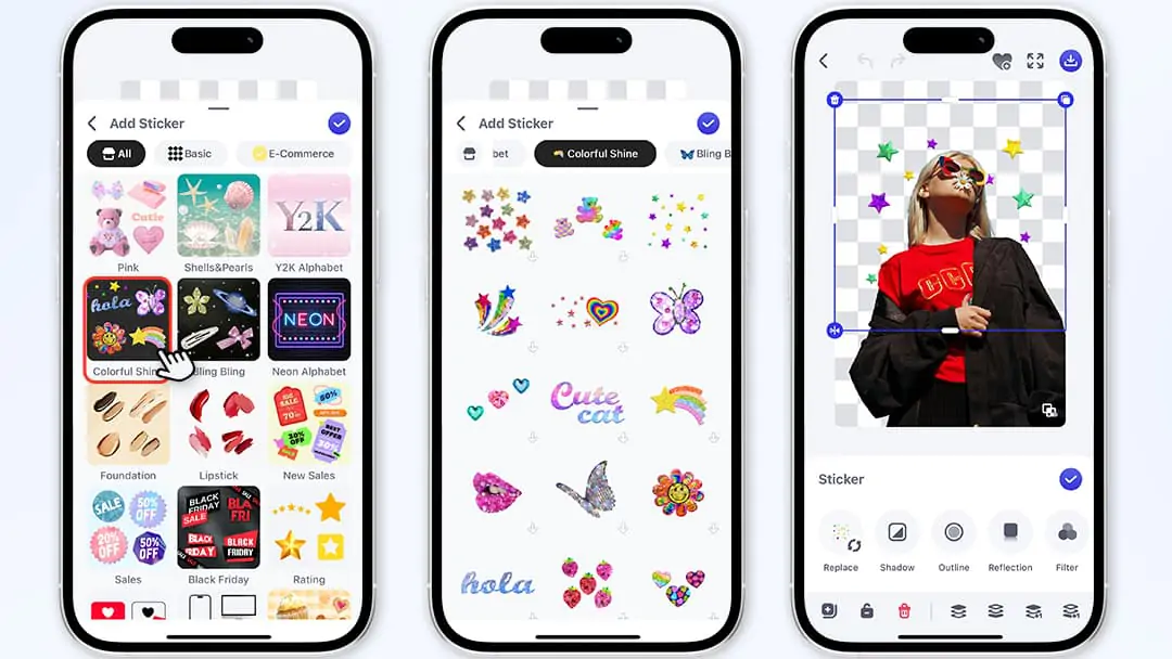 Pokecut's thematic sticker library with editing tools