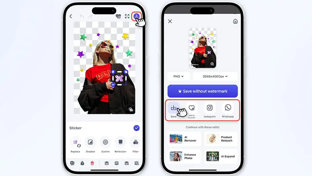 Downloading or sharing the edited photo on social media