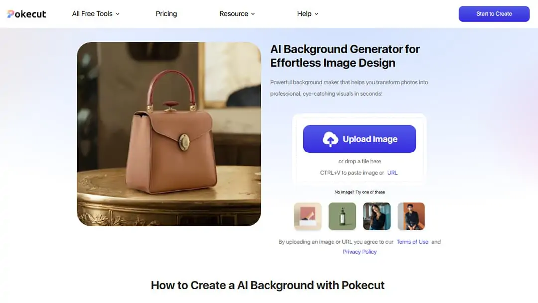 Pokecut AI background generator page Pokecut AI background generator page