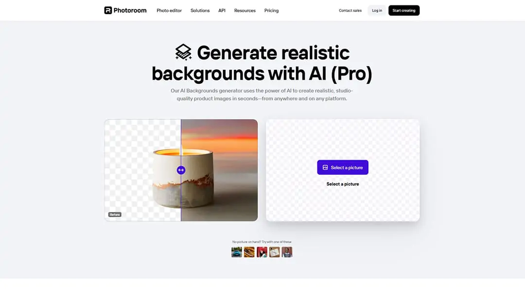 Photoroom AI background generator page Photoroom AI background generator page