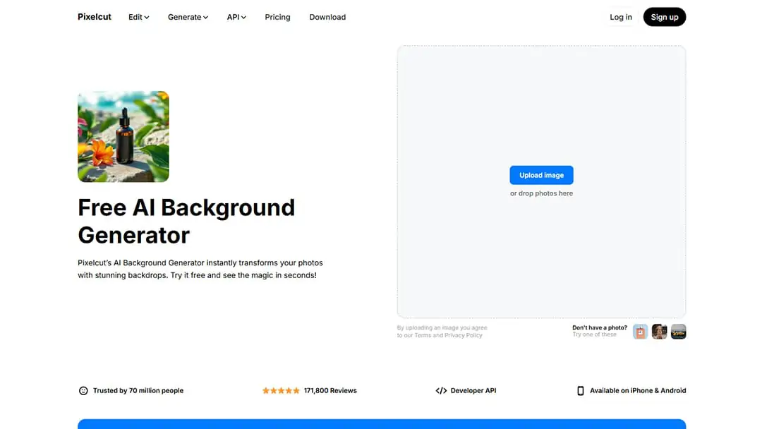 Pixelcut AI background generator page Pixelcut AI background generator page