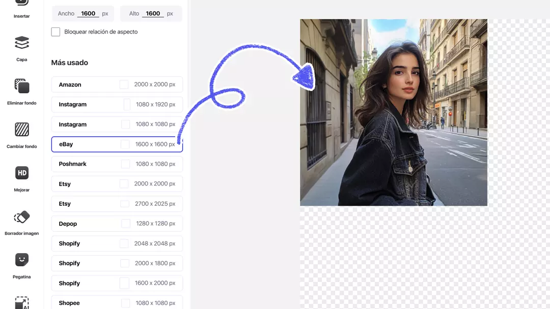Seleccionar el tamaño de la imagen ajustada