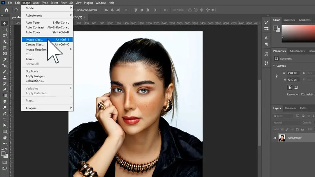 Open image size dialog in Photoshop