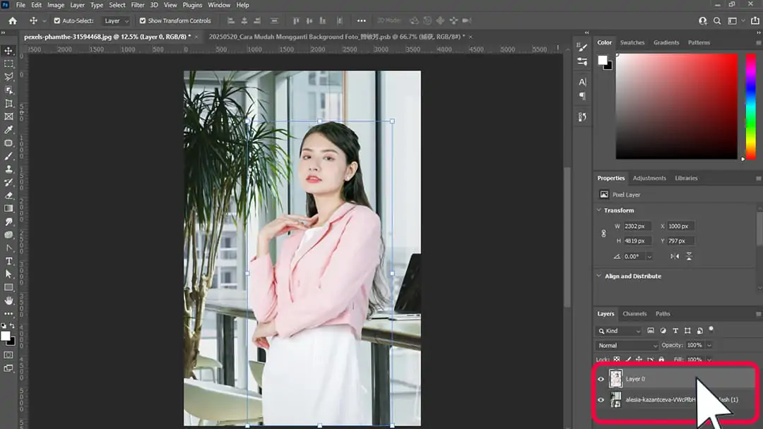 Membuat layer latar belakang baru di Photoshop dan mengganti latar belakang foto asli