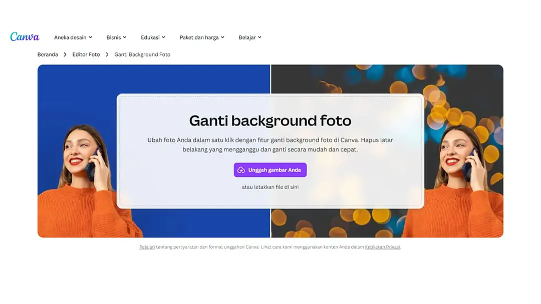 Mengunggah gambar ke platform Canva untuk mengganti latar belakang