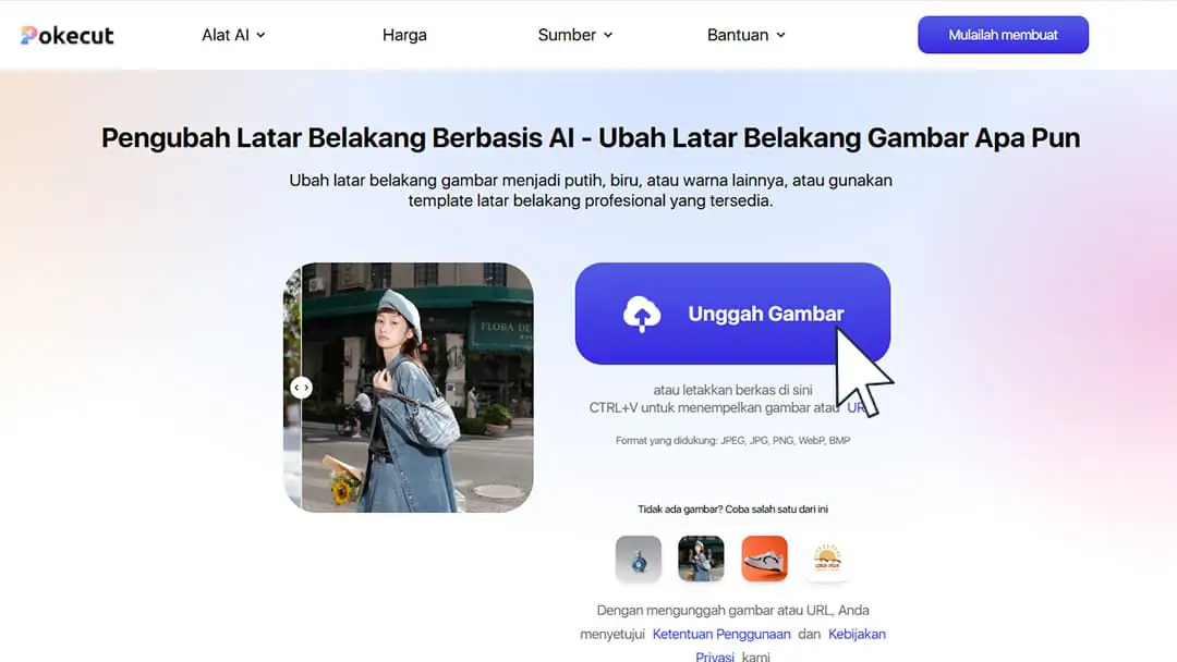 Mengunggah gambar yang akan diedit ke platform Pokecut