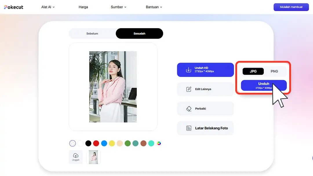 Setelah mengganti latar belakang, unduh dan simpan dengan satu klik