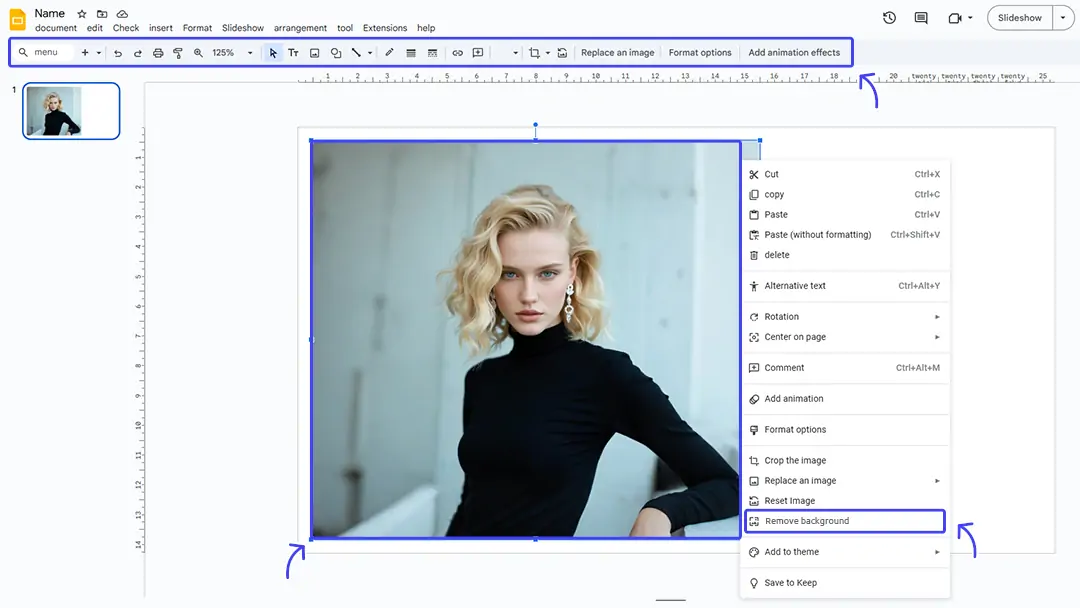 Remove image bg on google slides via workspace labs