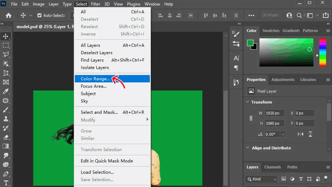 Open green screen image in Photoshop