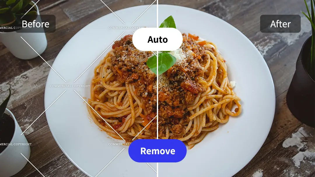 Before and after removing the food image watermark