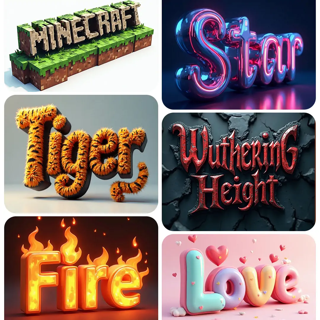 Different styles of texts are created by Pokecut's 3d text generator