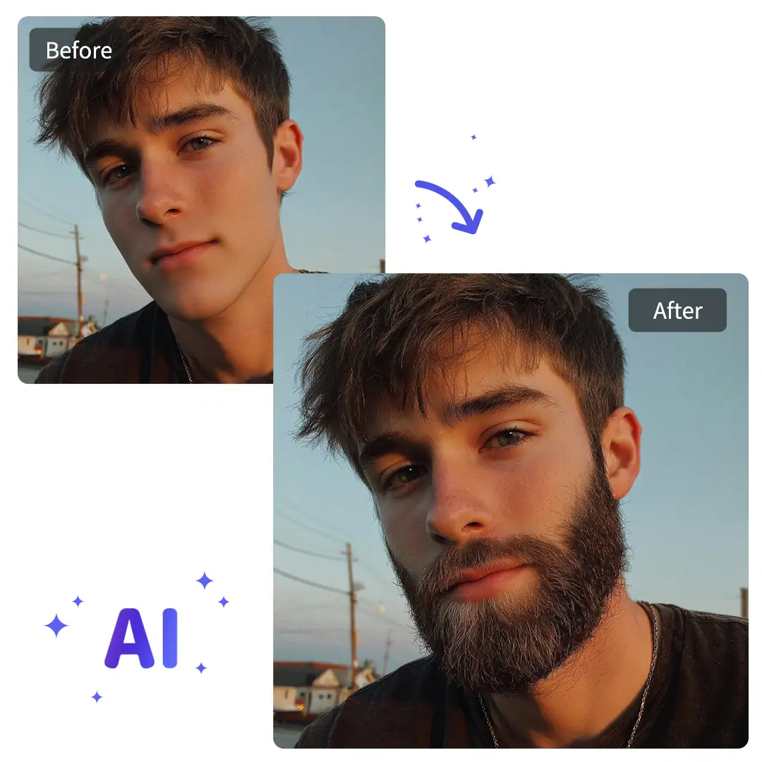 Realistic split-screen of a man's face, showing AI-generated beard styles and facial hair transformation online.