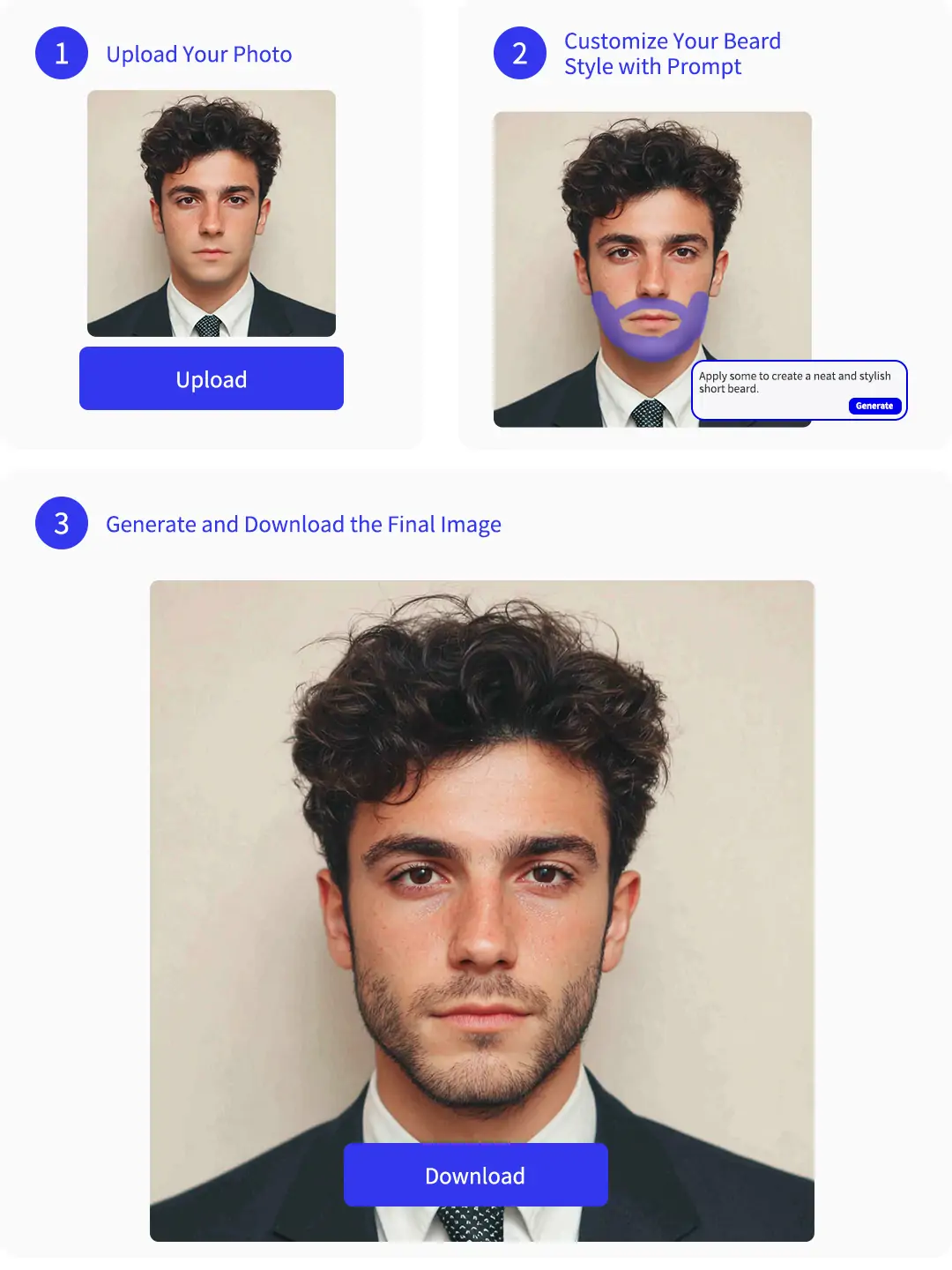 Step-by-step realistic collage showing photo upload, custom AI beard style selection, and final image with generated facial hair.