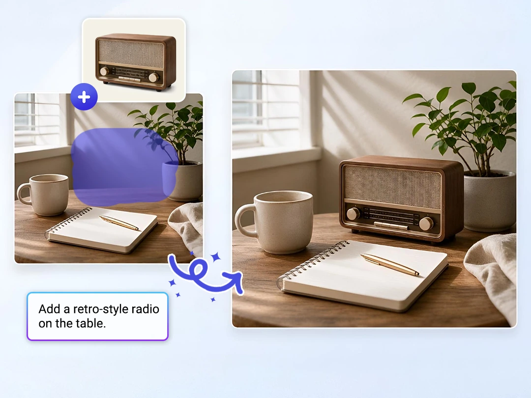 Add an object to a photo with a prompt and reference image