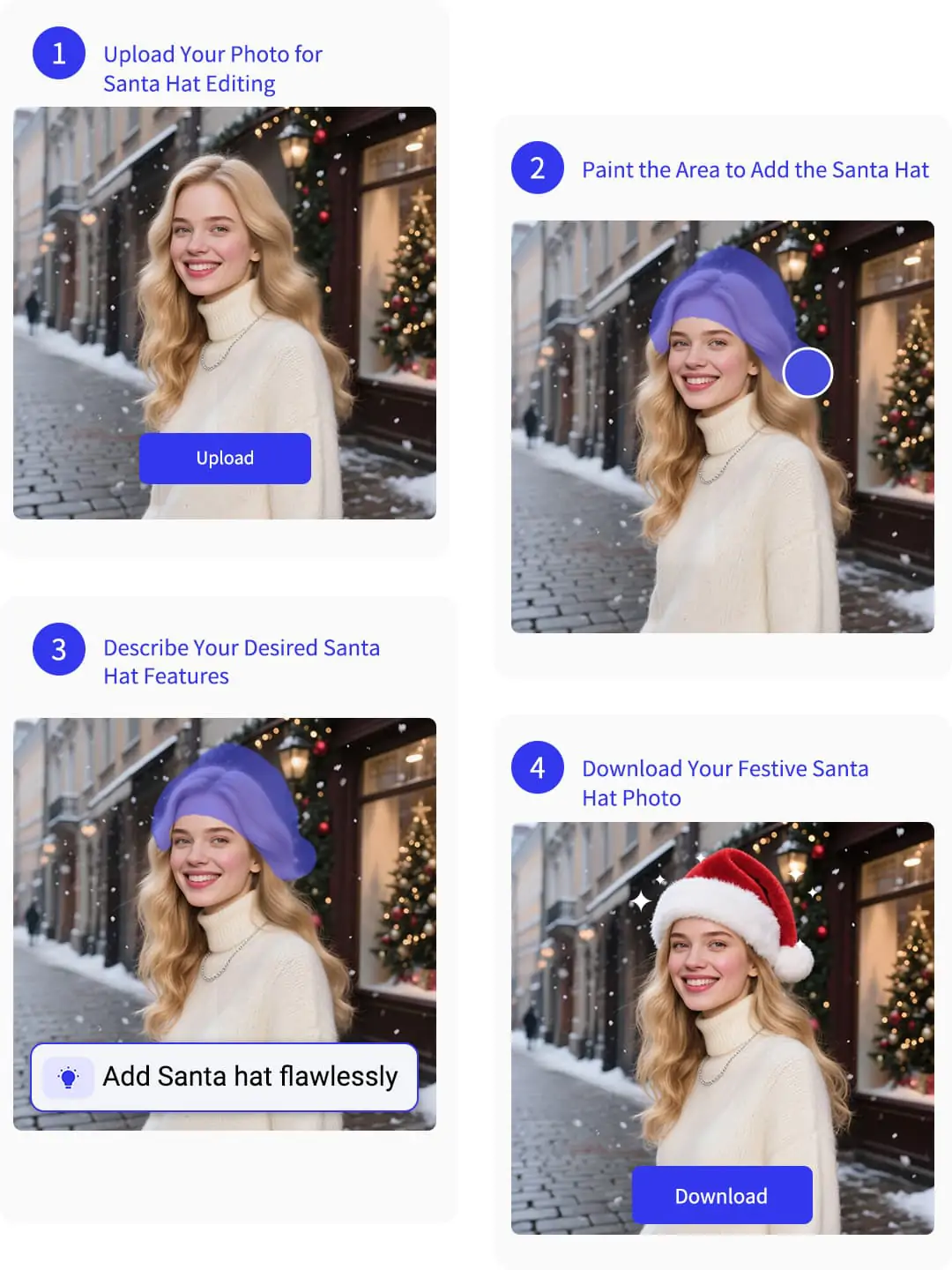 Step-by-step scene of adding an AI-generated Santa hat to a photo, showing selection, editing, and final festive result
