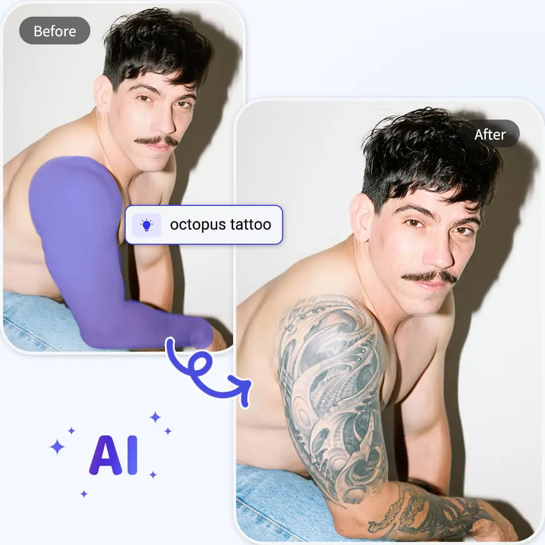 Realistic AI-generated tattoos on man 's arm skin, showcasing realistic tattoo stylesRealistic AI-generated tattoos on man and woman's skin, showcasing diverse tattoo styles on body