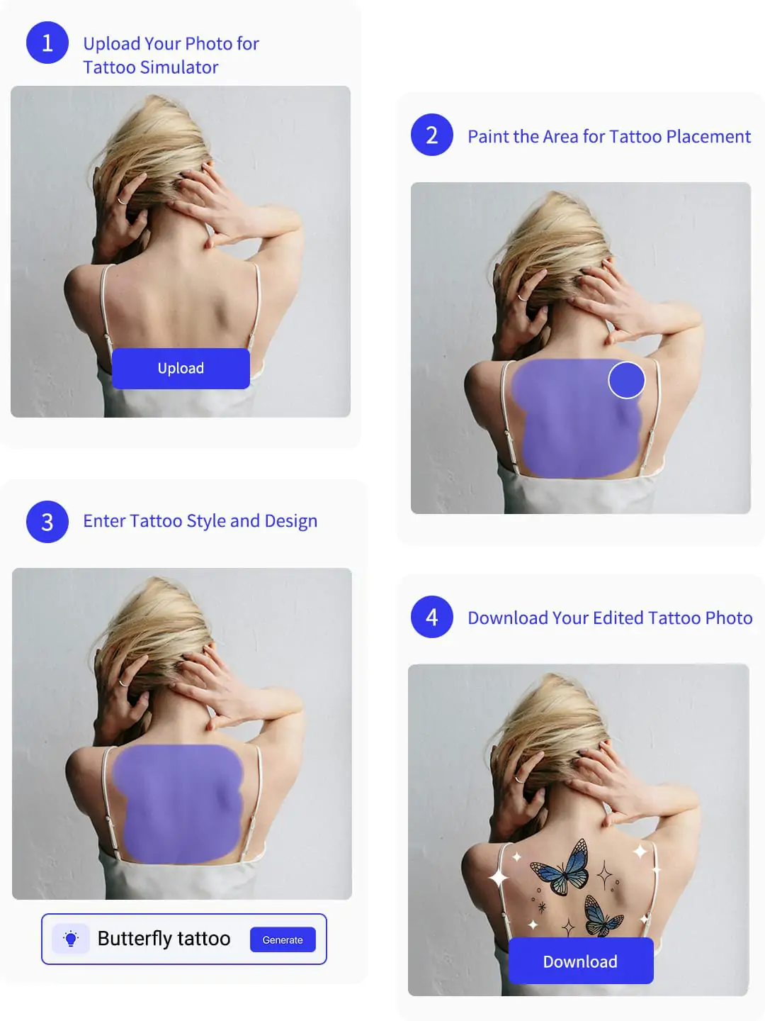 Step-by-step AI tattoo simulation: upload photo, mark body area, describe tattoo, and preview realistic tattoo design