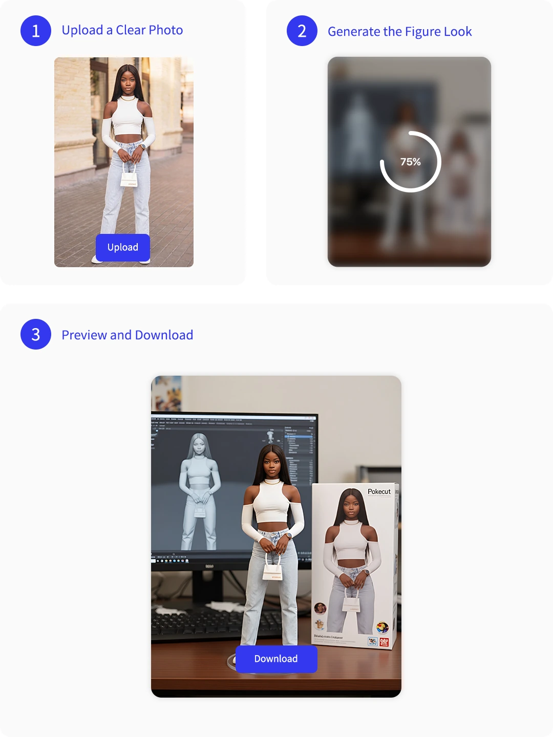 Three steps for creating a toy figure photo