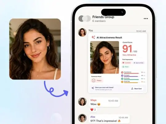 Shareable AI first impression and face rating result card