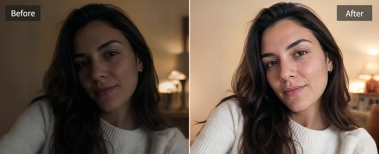 Photo enhancer improving a dim selfie before an AI beauty test