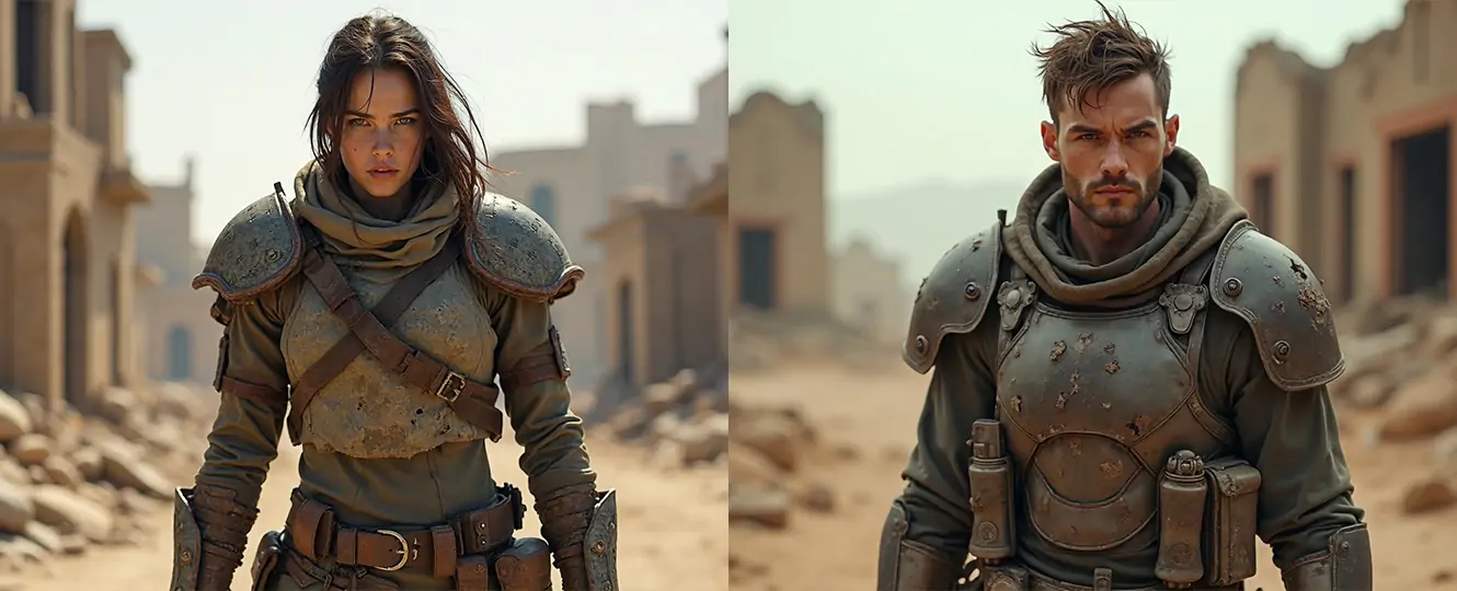 Dune-inspired characters in desert robes with a futuristic sci-fi look are generated by Pokecut's AI character generator