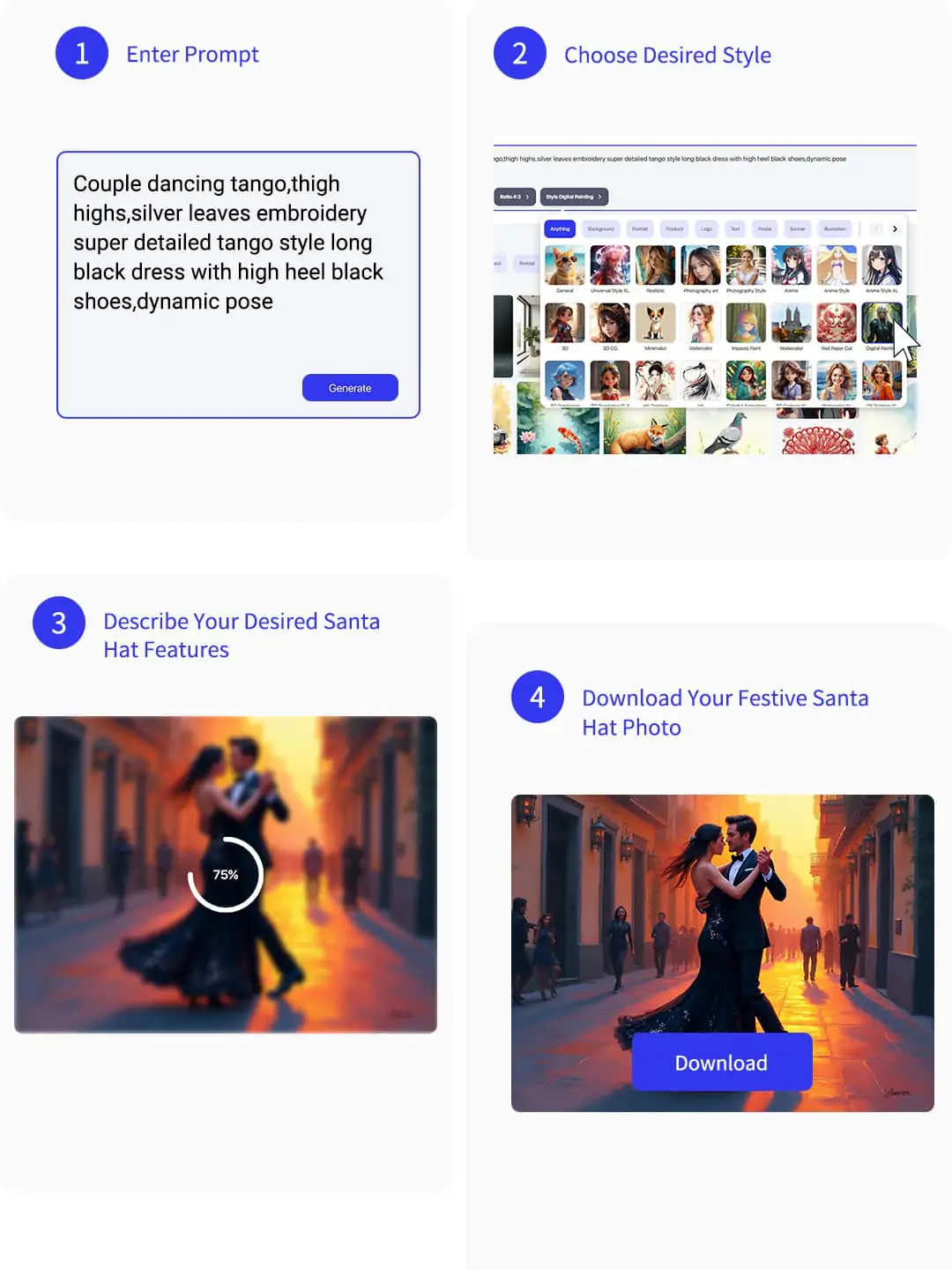 All steps of AI couple photo creation, showing input, style selection, AI generation, and preview in a bright, modern scene