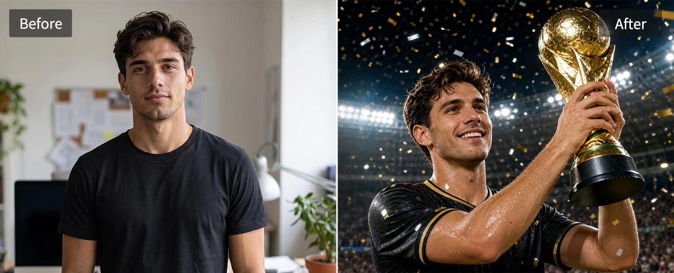 Football player lifting a trophy under stadium lights