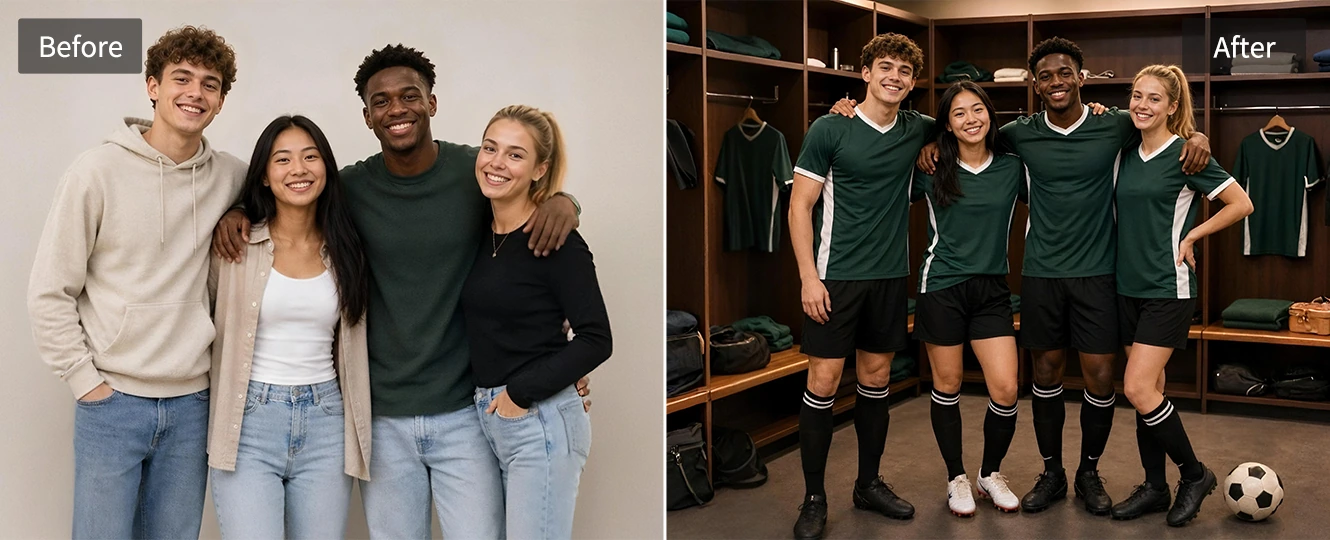 Football team locker room photo with matching jerseys