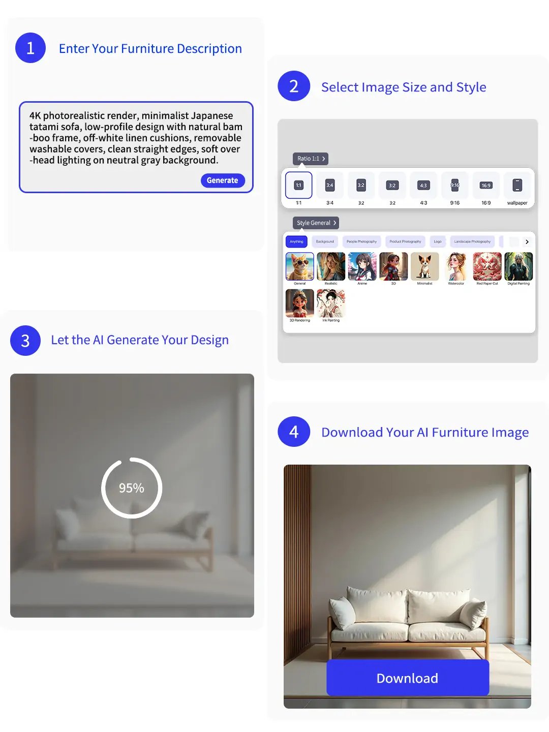 Steps to generate furniture images using pokecut's ai furniture generator