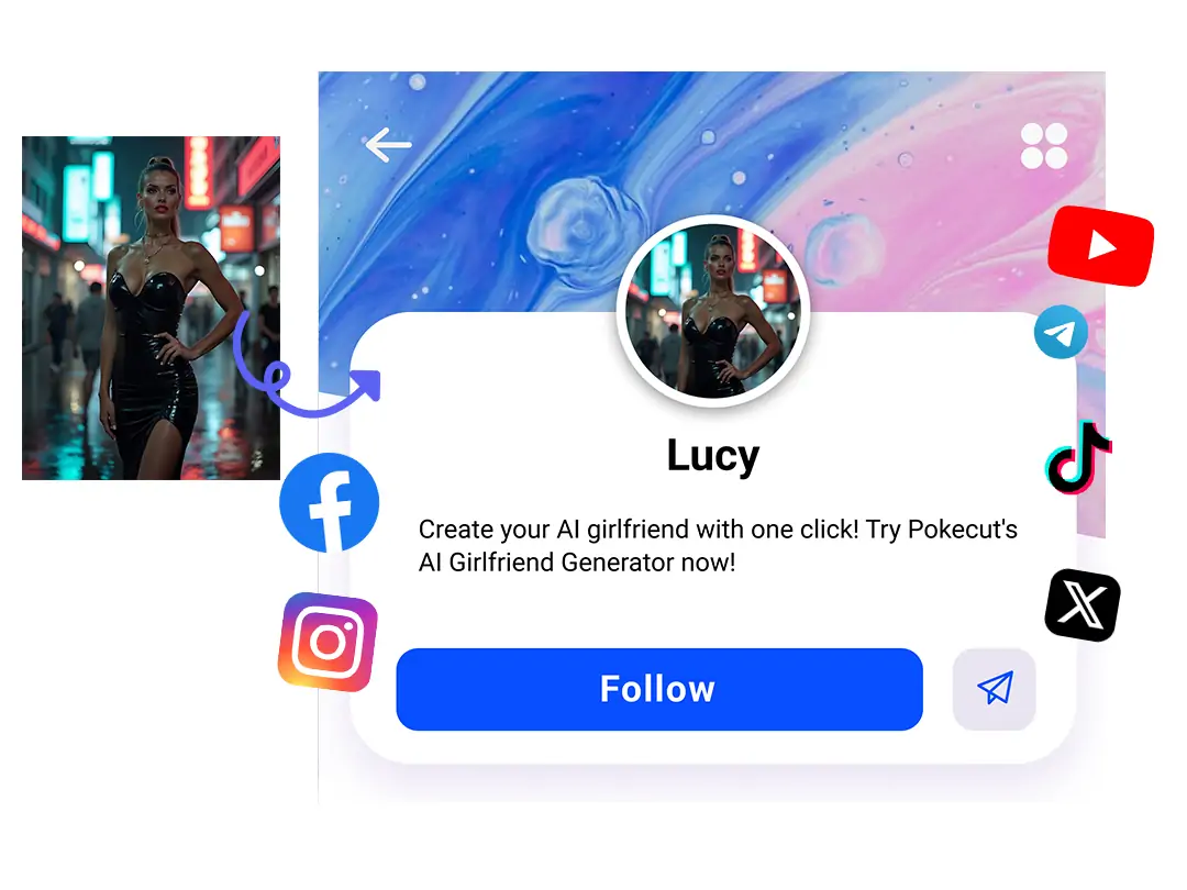 Use Pokecut AI Girlfriend Generator to create profile pictures or share AI girlfriend images on social media