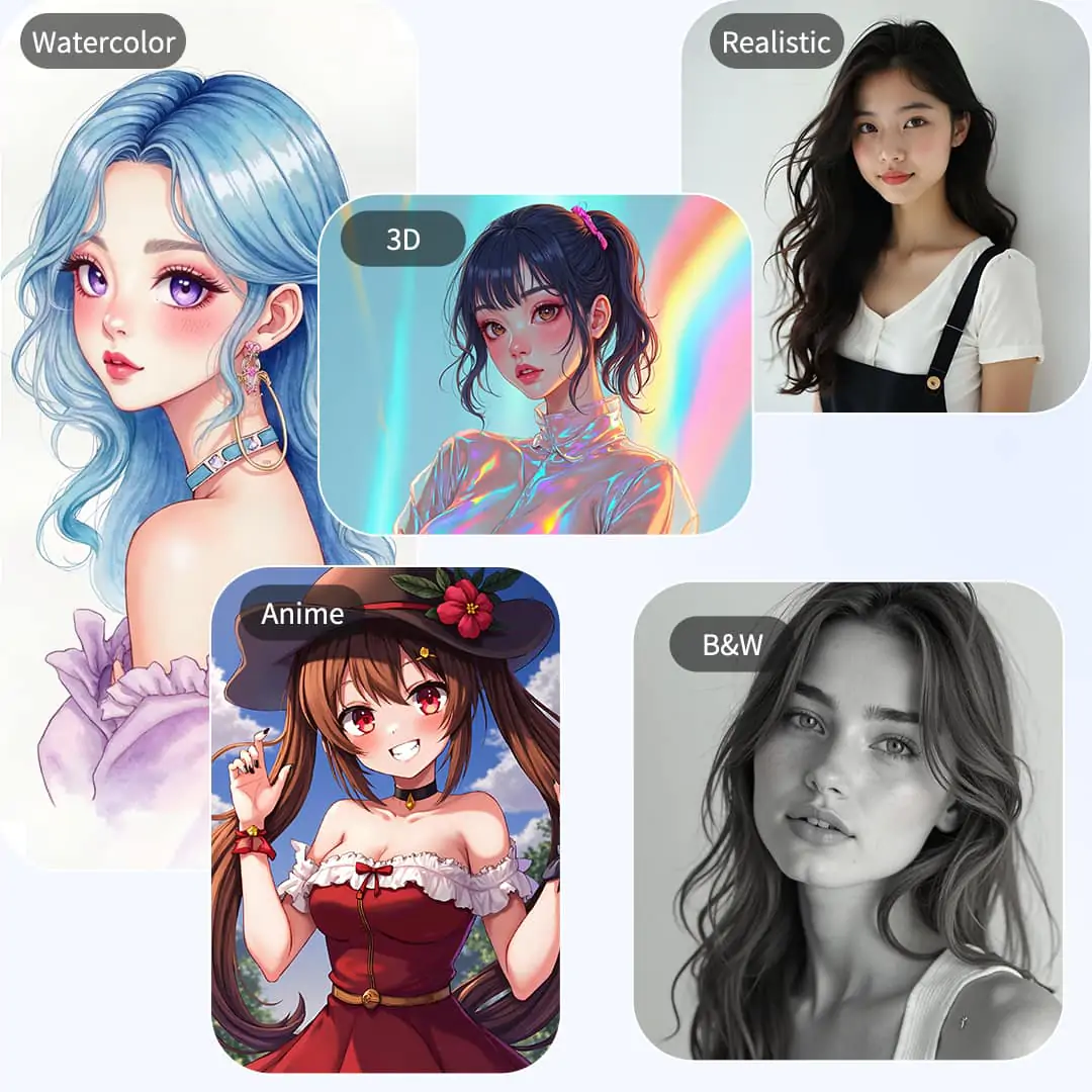 Diverse, realistic AI generated women portraits in modern, bright style, showcasing different ethnicities and unique looks.