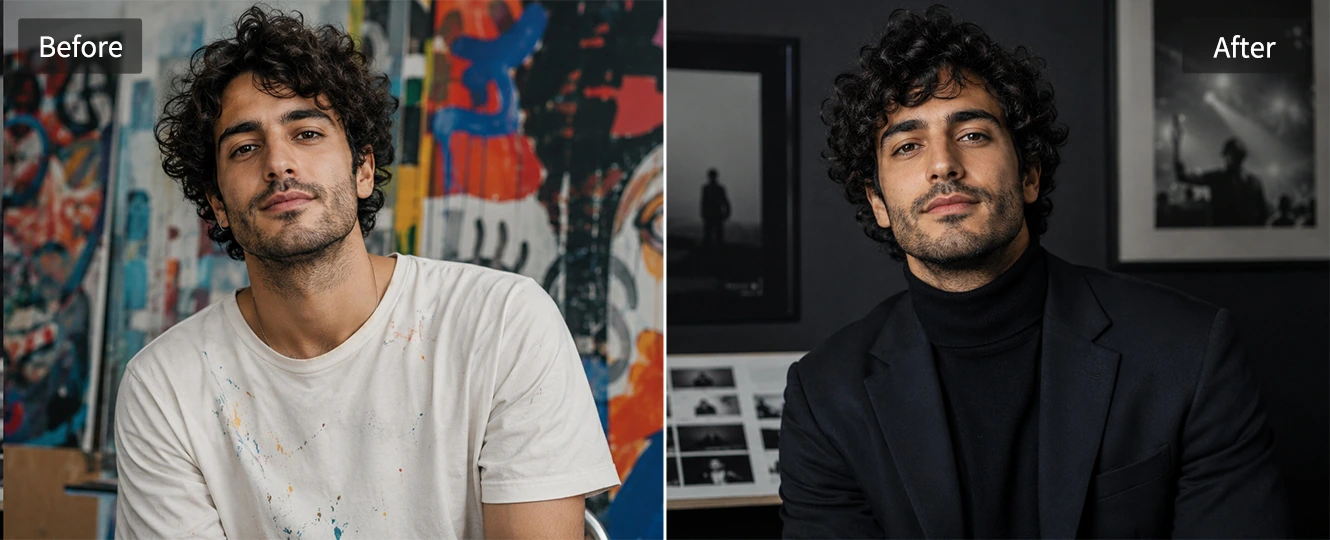 Creative PR headshot with gallery-style portrait lighting