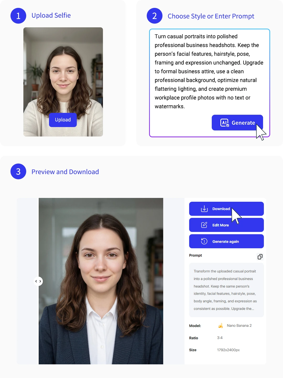 Three-step workflow for creating an AI headshot