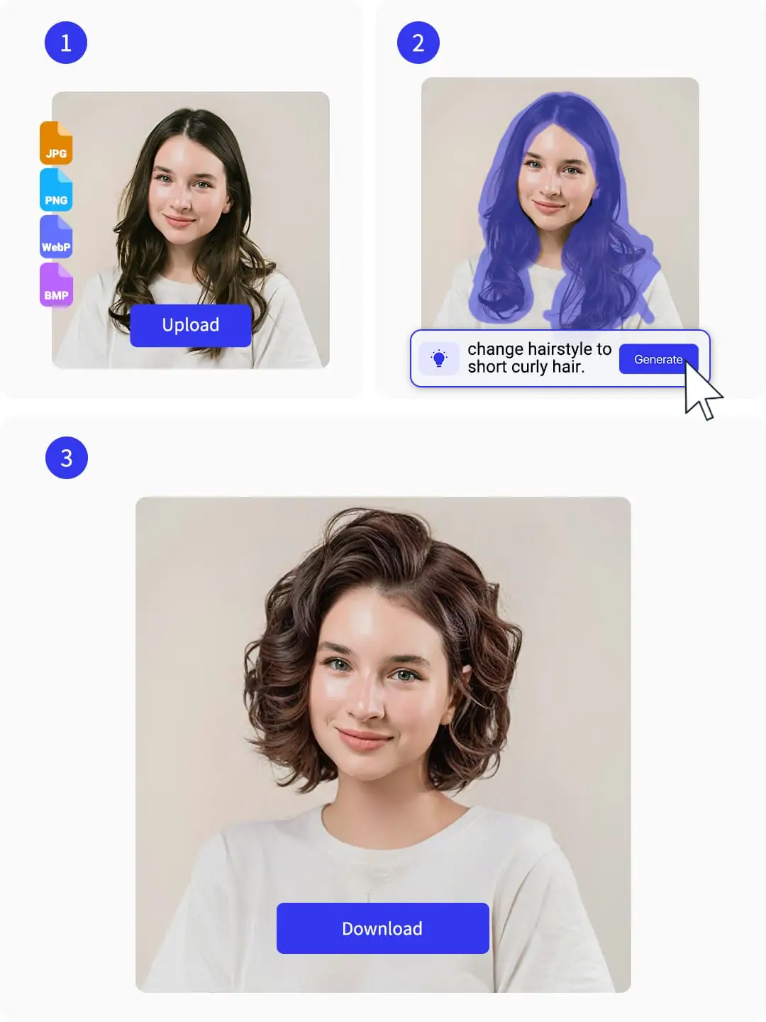 Three-step AI image editor interface showing photo upload, prompt-based editing, and HD download.