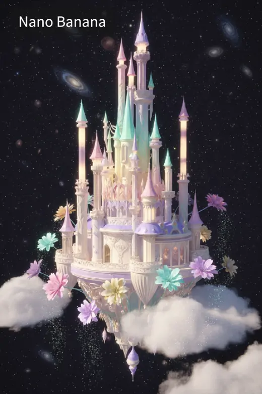 Illustrate dreamy 3D floating fairy tale castle with glowing towers