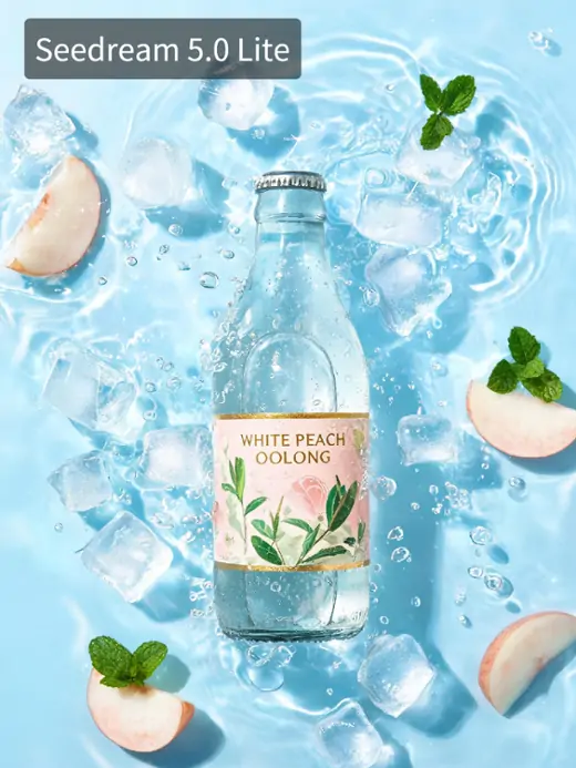 Render top-down view of peach oolong soda bottle in clear water