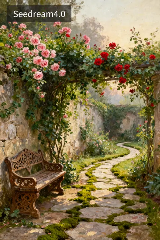 Paint impressionist oil painting of a garden with wild roses