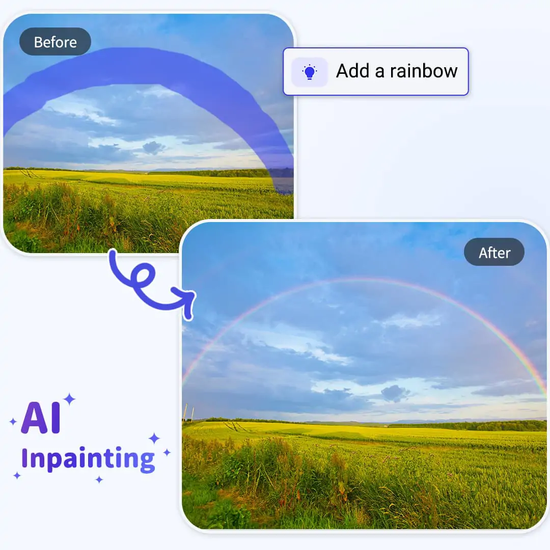 Use AI image inpainting tool to add rainbow to photo. Just need to select photo areas and enter prompts
