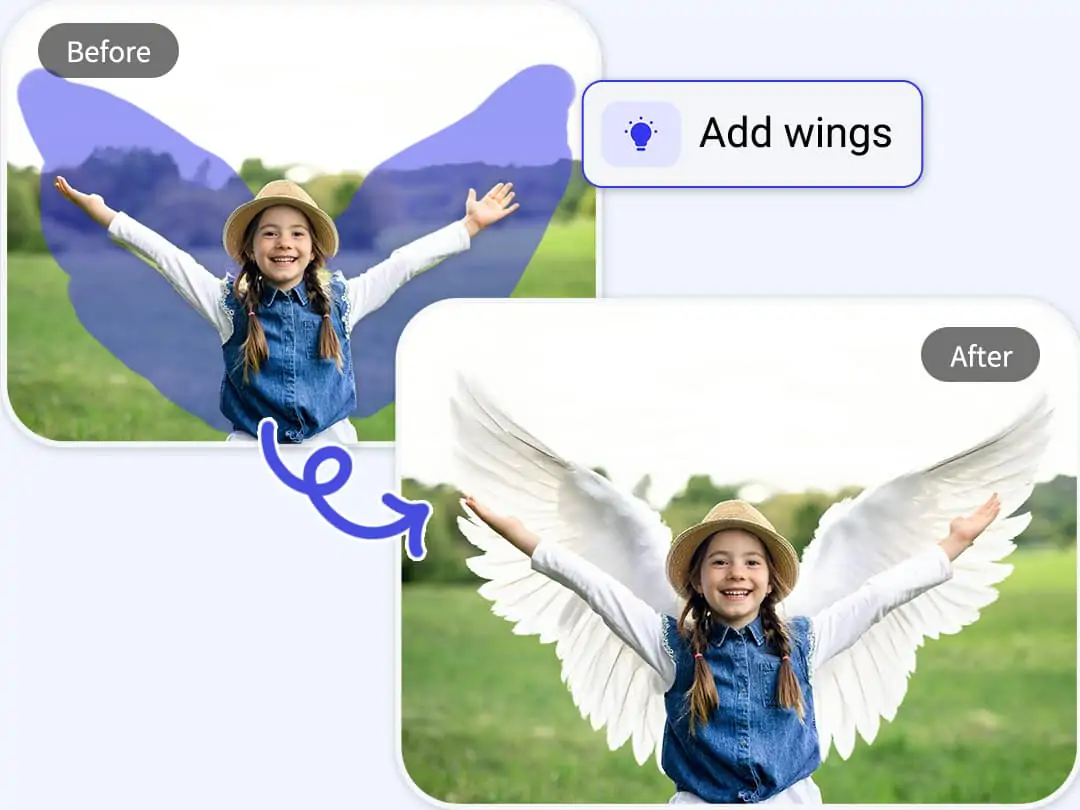 AI Inpaint images online, add a pair of wings to portraits and turn them into artistic photos.restores old or damaged images online with seamless content replacement