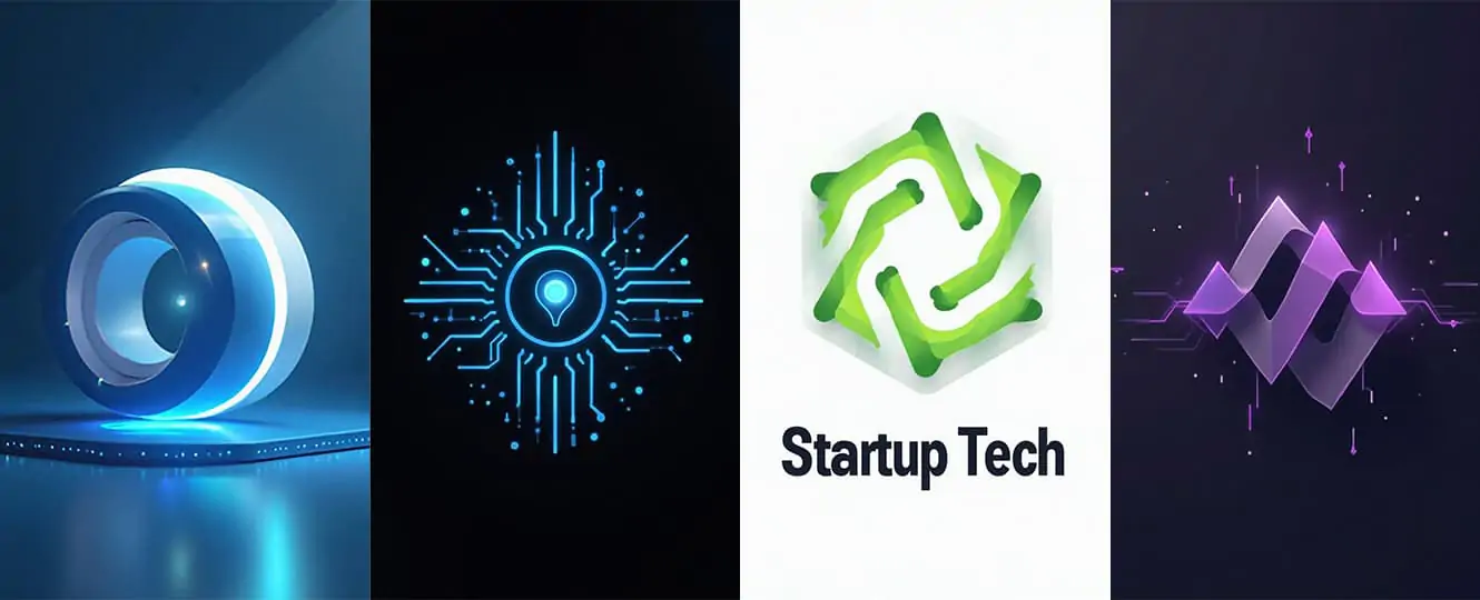 Tech gadget packaging, conference backdrops, and app interfaces with AI-generated startup logos
