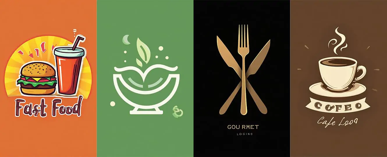 Restaurant menus, coffee cups, and packaging with colorful AI-generated food and beverage logos