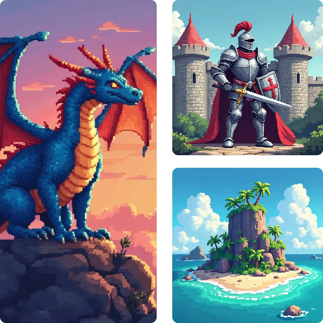 Different styles of characters and scenes are created by Pokecut's AI pixel art generator