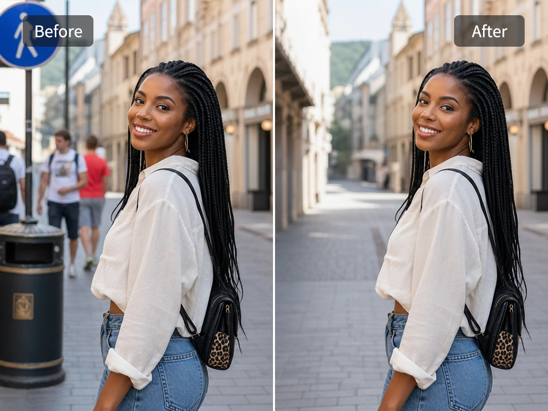 Clean a messy portrait background while keeping the person