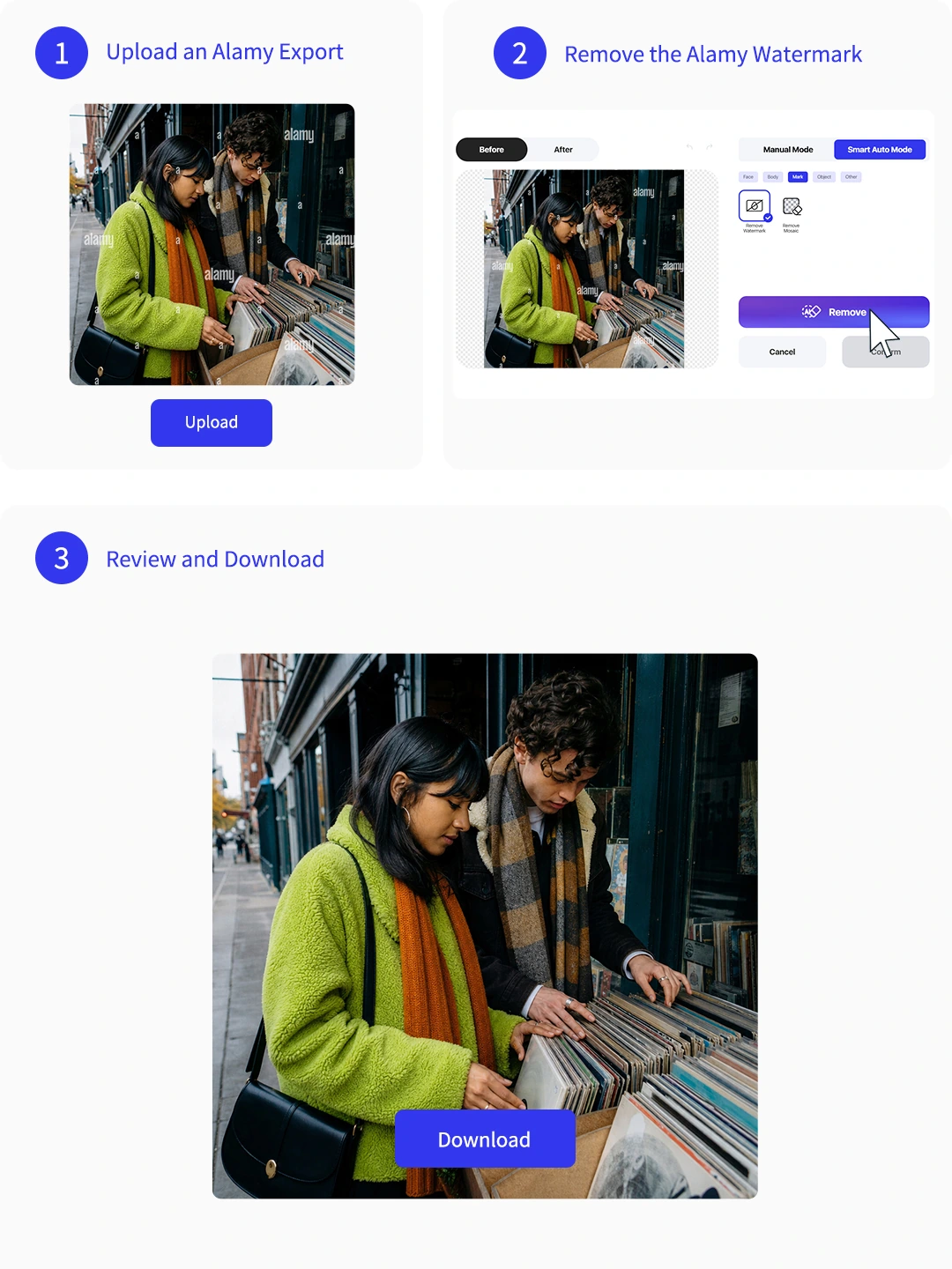 Three steps to remove Alamy watermark online