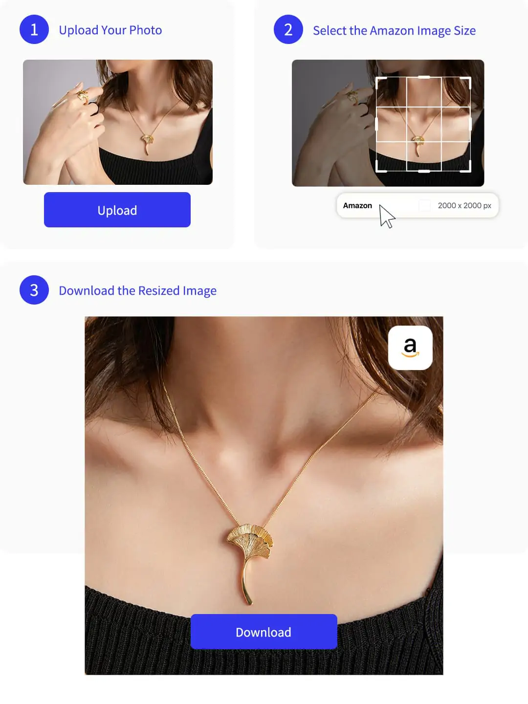 A step-by-step scene shows uploading, resizing to Amazon image size, and downloading optimized product photos for ecommerce.