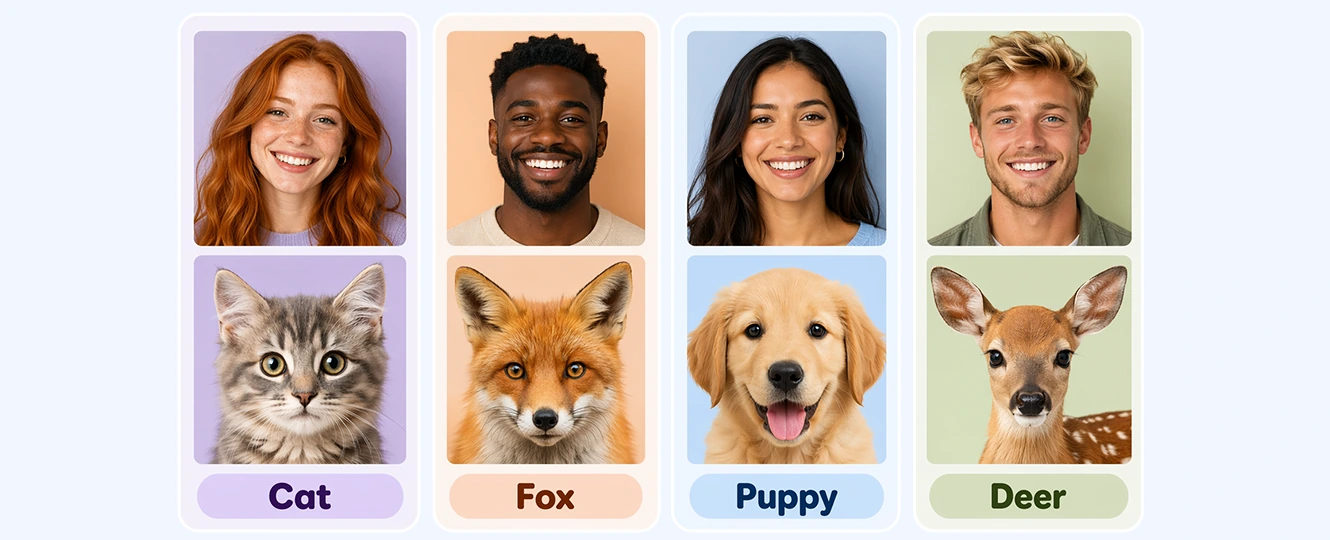 Start a group chat with animal face match cards
