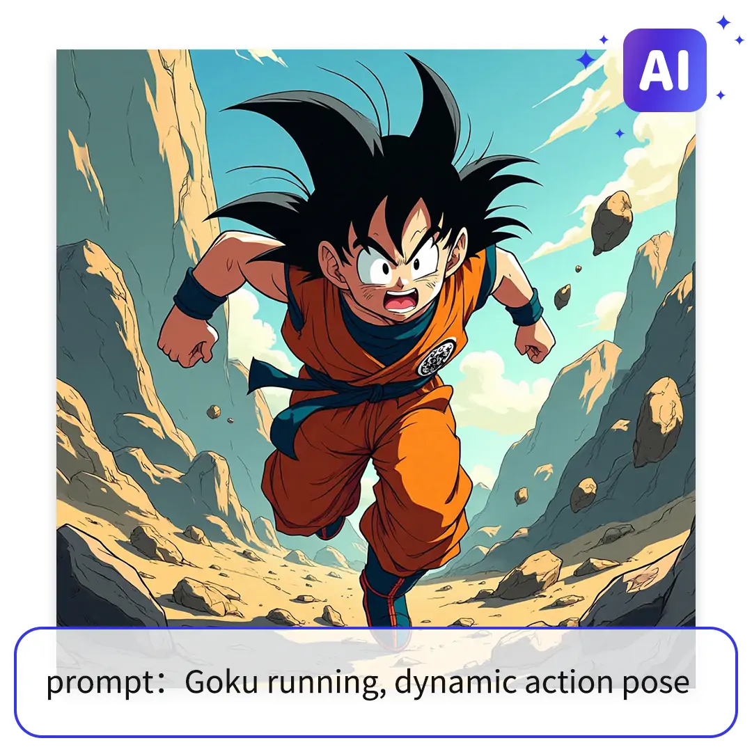 Pokecut AI Anime tool generate dynamic image: Goku running with intense expression