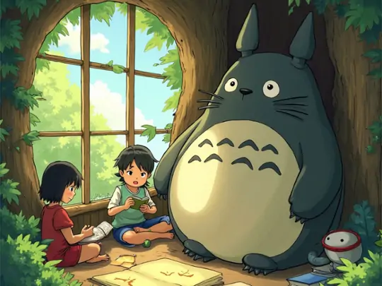 Using Pokecut’s AI anime generator to create a Ghibli-style anime picture: Totoro and friends.