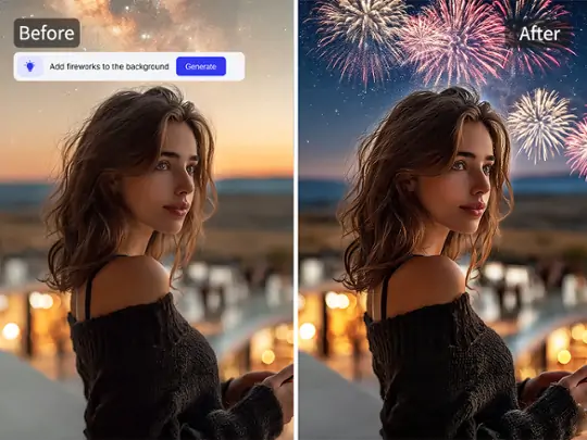 Replace background with fireworks using Pokecut.